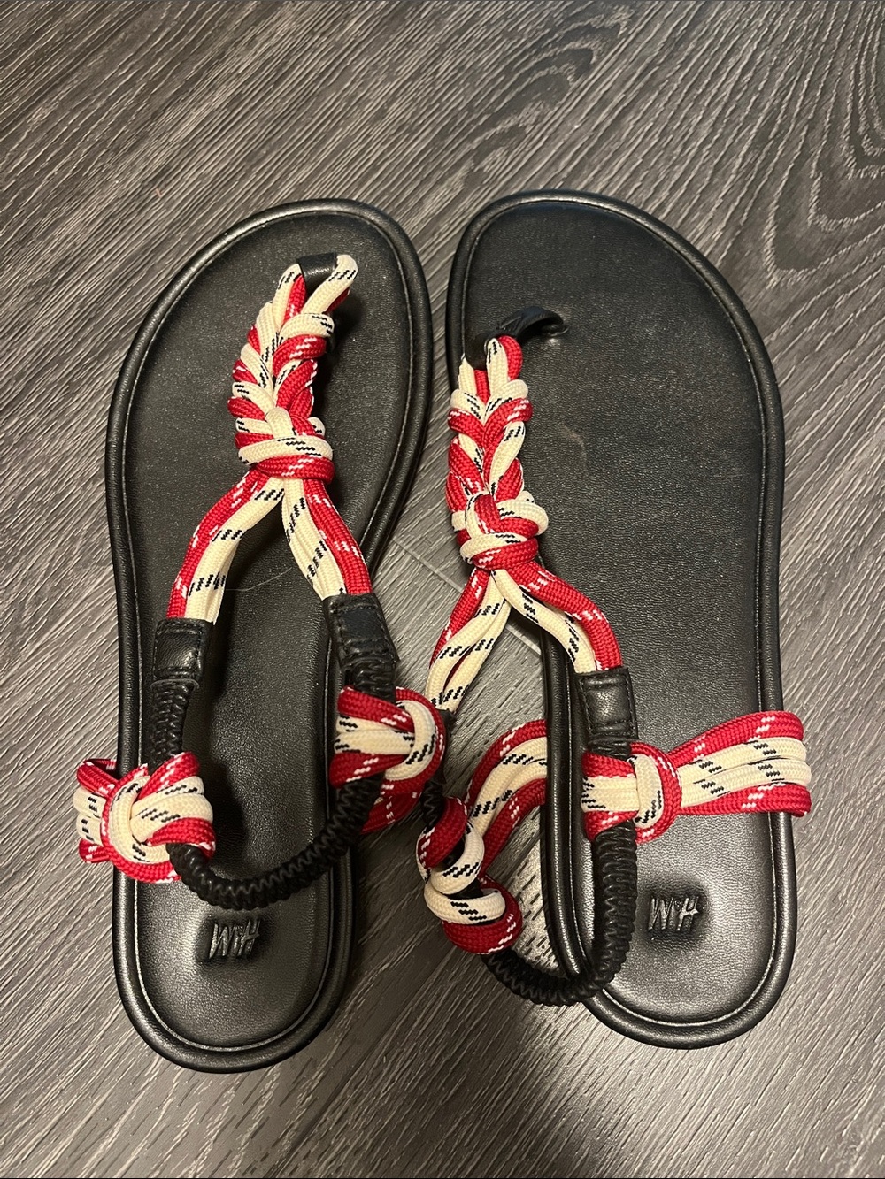 H&M Red, Cream & Black Braided Rope Slide Sandals